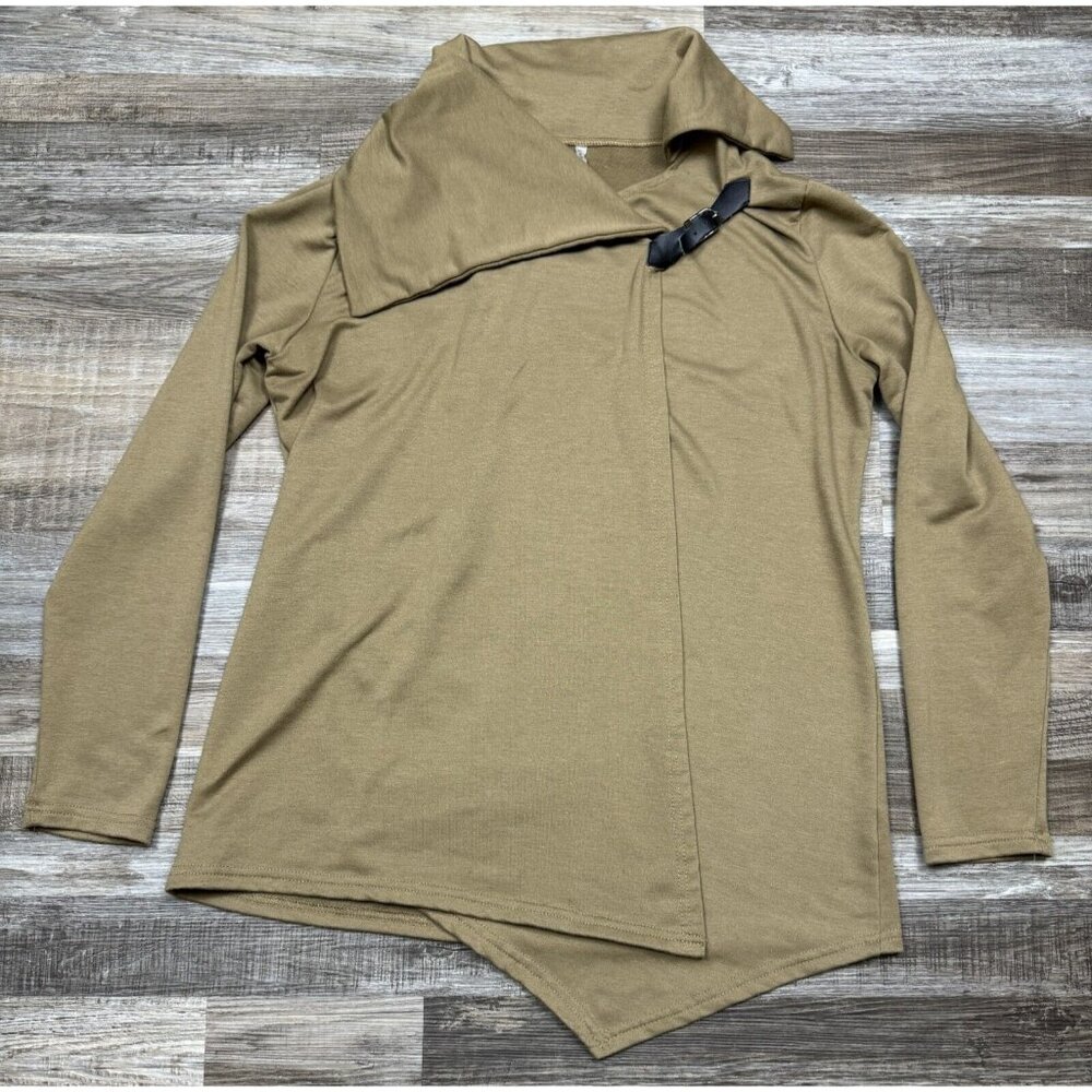 Lucky Brand Womens Size XL Asymmetrical Wrap Blouse Buckle Detail Khaki Cardigan - Picture 4 of 15